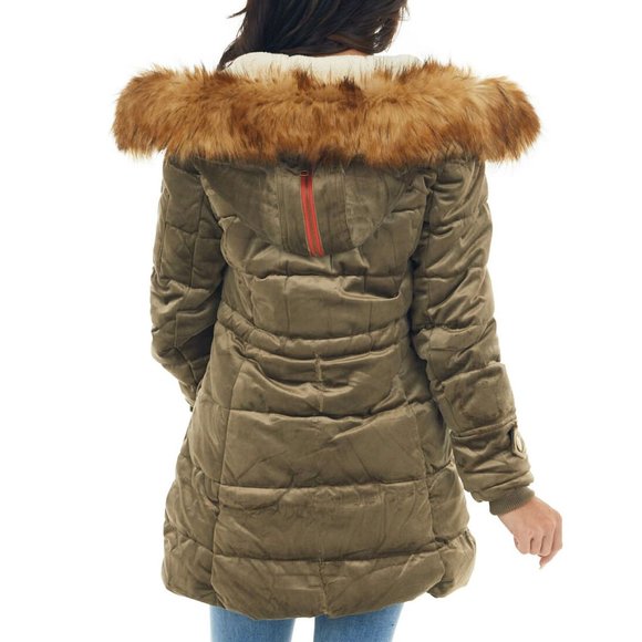 NEW Olive Green Velvet Faux Fur Hooded Soft Fur Lined Long Puffer Coat Jacket - Picture 7 of 10